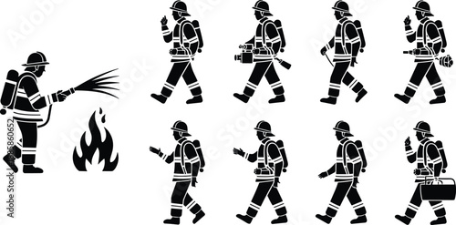 Firefighter silhouette illustration set, emergency response poses, rescue equipment icons, fire safety concept, black vector graphic for public service