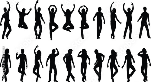 Silhouette people dancing, yoga poses, fitness exercise, modern dance movement, body balance, creative art, abstract human figure, performance, lifestyle illustration, collection