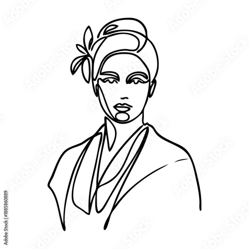 Dibujo sencillo con líneas de una mujer con atuendo tradicional asiático 