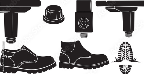Black and white illustration of shoe parts and accessories