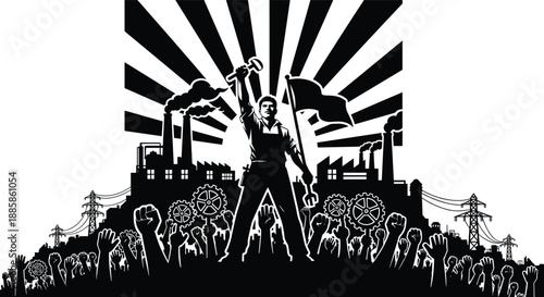 Industrial labor illustration with worker holding wrench and flag, factories, raised fists, and collective movement symbols