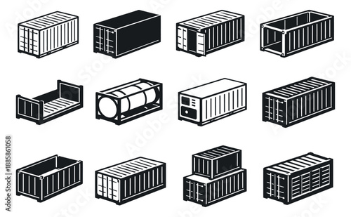 Isometric line art shipping container icons set featuring various freight and cargo containers for global logistics concepts