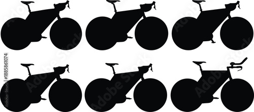 Silhouettes of six conceptual bicycles with varied wheel and handlebar designs for transport, cycling, sport, and vector design content