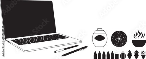 Modern laptop with digital stylus pens arranged a collection of small potted plants vials and a steaming bowl symbolizing a creative