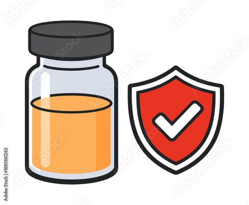 Line art medical icons set featuring a vaccine vial and a protection shield for health security
