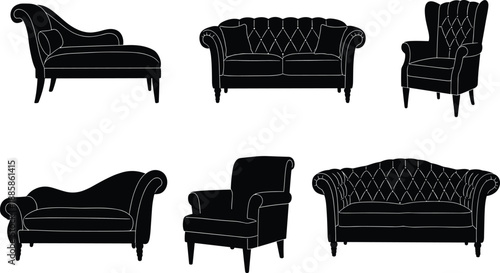 Silhouette vector illustration of classic and modern sofas, armchairs, and chaise lounge with tufted backs for stylish interior furniture design