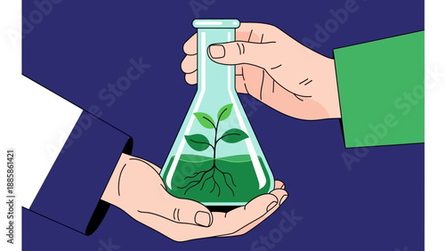 Cultivating a Sustainable Future Hands Exchanging a Flask with a Growing Plant, Symbolizing Green Science and Collaborative Innovation
