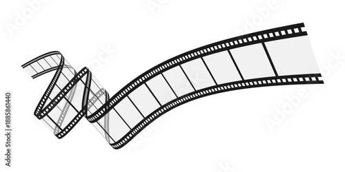 Transparent curved film strip isolated on white background. Wavy movie reel in perspective. Vector illustration