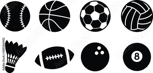 Sports equipment icon set with balls for baseball, basketball, soccer, volleyball, badminton, football, bowling, billiards