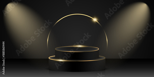 Round 3d black podium decorated with shiny golden rims and sparkling halo. A platform illuminated by spotlights. Vector illustration