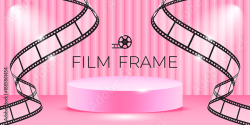 Film frame with round podium platform and shiny film strips. Vector stage for movie film premiere illuminated by spotlights