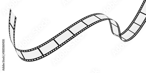 Long curved film strip. Wavy movie reel isolated on white background. Vector illustration