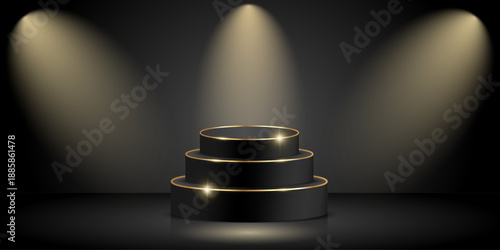 Round black podium decorated with shiny golden rims arrangement and illuminated by spotlights. A platform for displaying products and events