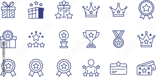 Collection of blue outline vector icons representing rewards achievements and success symbols including gift boxes crowns medals trophies and star ratings isolated on a transparent