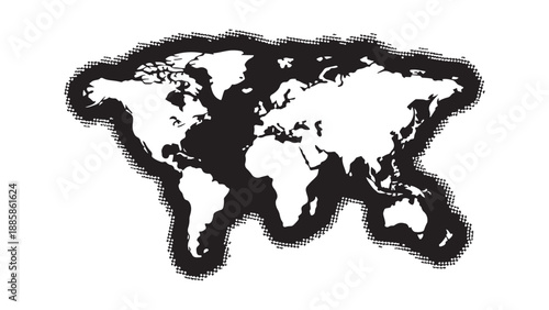 World map silhouette vector illustration with bold shadow effect showing continents and borders for global geographic design, cartography, and presentations.