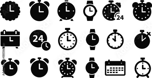 Timekeeping icon set with clocks, watches, stopwatches, alarms, and calendars, vector artwork