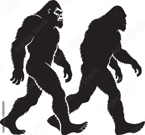 Pair of Bigfoot or Sasquatch Silhouettes in Motion, Mysterious Forest Dweller Icons