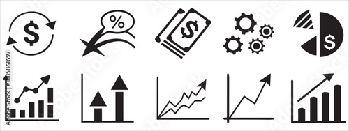 Finance and Business Growth Icons – Charts, Graphs, Money, and Percentage Symbols .
