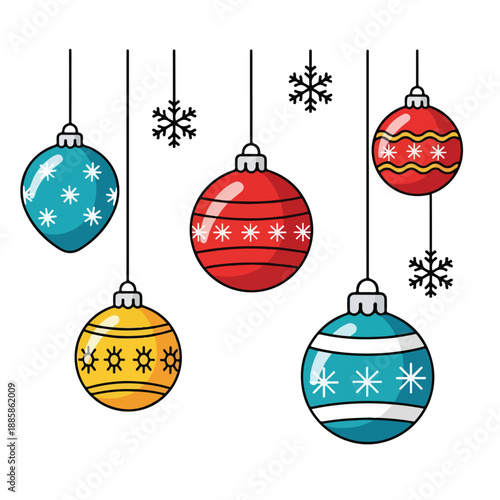 Colorful Christmas Ornaments Hanging from Strings.