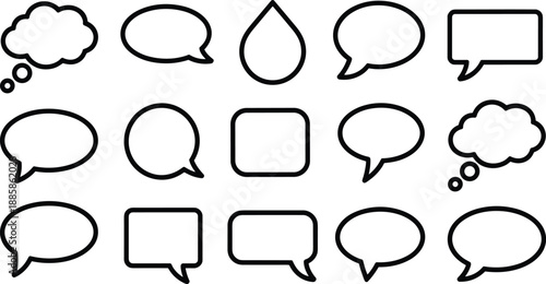Speech and thought bubble outline set, 16 black vector shapes in grid layout, comic-style dialogue templates for design and storytelling