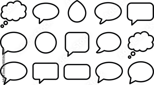 Speech and thought bubble outline set, 16 black vector shapes in grid layout, comic-style dialogue templates for design, UI, and storytelling