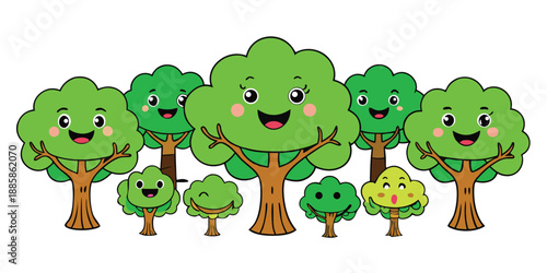 Funny cartoon vector illustration of a happy green tree in a nature park featuring a set of cute wild animals and birds like a frog, cat, and elephant