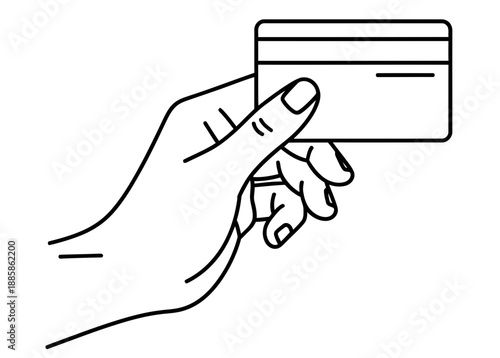 Hand holding a credit card in a simple line art style vector illustration on a clean background