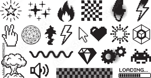 Pixel Art and Retro Icons: Starbursts, Computer Elements, and Game Graphics