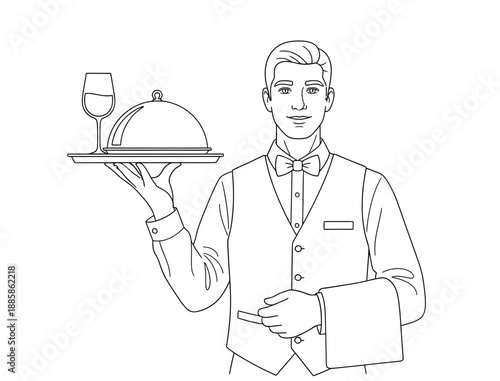 A waiter holding a tray with a wine glass and a covered dish, standing in a restaurant, from a frontal viewpoint, as a line art illustration