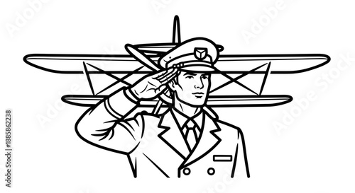 A pilot in uniform salutes with an airplane behind him, illustrated in a simple line drawing style from a front viewpoint.