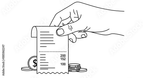 Hand holding invoice with coins in background, illustrating financial transaction scene, simple line art style.