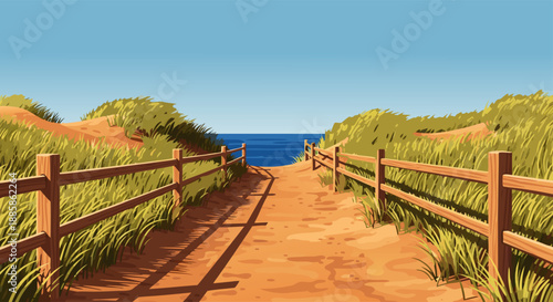 A picturesque sandy pathway leading to the serene blue ocean, bordered by lush green grass and a wooden fence
