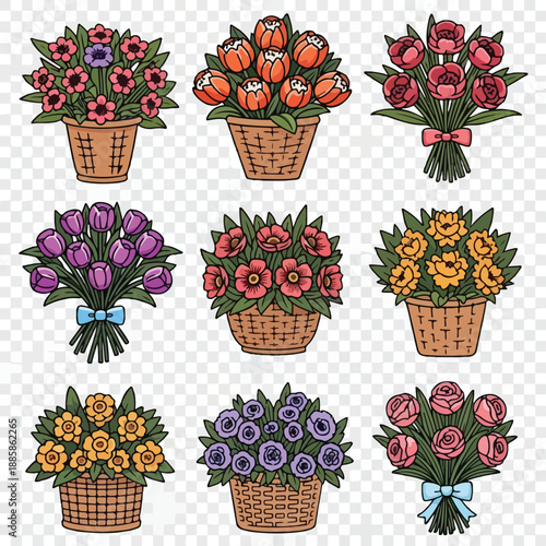 Colorful Flower Bouquets in Wicker Baskets.