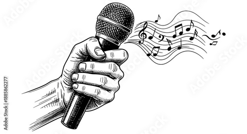 A hand grasping a microphone emitting melodic sounds, surrounded by swirling musical notes, illustrated in detailed black and white artwork