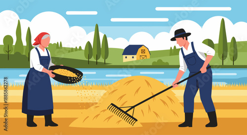 Farmers working together to harvest wheat, a traditional scene of rural life and agricultural labor