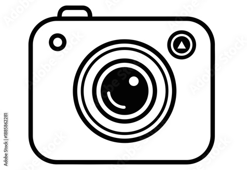 A simple black camera illustration on a clean white background is viewed directly from the front showcasing the lens and key features, Whisk_tu5mgzjztu.svg