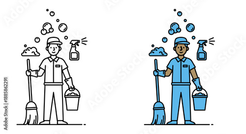 Cleaning personnel with equipment standing amidst cleaning products and bubbles in a minimalist line art style vector illustration