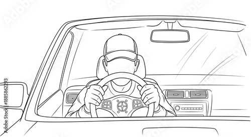 A driver wearing a helmet grips the steering wheel tightly while sitting inside a vehicle, viewed from behind, illustrating a moment of focus and control.