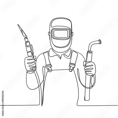Continuous Line Drawing Of A Welder With Protective Gear And Tools