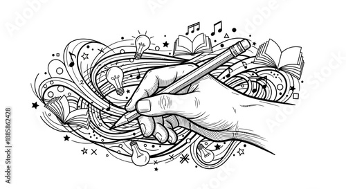 Hand holding a pencil creating a colorful explosion of ideas, thoughts, and imagination with books, music notes, and light bulbs on a white background, representing creativity and learning