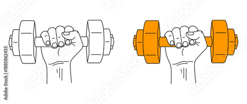 Dynamic representation of strength training featuring a firm grip on a classic dumbbell, showcasing both outline and vibrant filled versions for fitness visuals