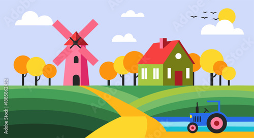 Flat design rural landscape with a windmill, house, tractor, and trees, showcasing a serene countryside scene