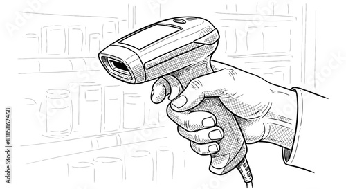 Vector illustration of a hand holding a modern barcode scanner, essential for inventory management, retail transactions, and efficient product data capture