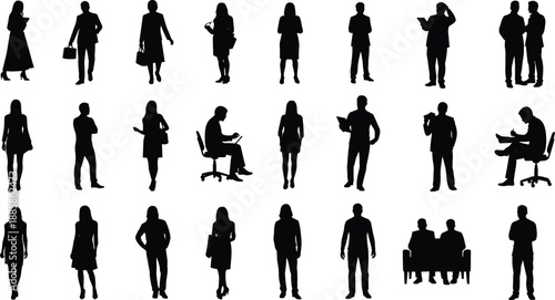 Diverse Silhouettes of People in Business and Casual Settings Keywords: silhouette, people, man, woman, business, casual