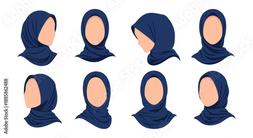 Collection of diverse female avatars wearing navy blue hijabs from various angles