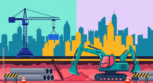 Vibrant vector illustration of urban infrastructure development, showcasing a construction crane, excavator, and pipe installation for a modern city growth project