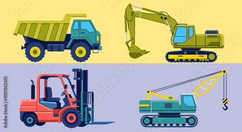 Set of four different construction and industrial machinery, including a dump truck, excavator, forklift, and crane