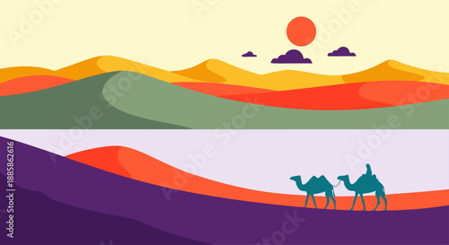Vibrant vector illustration capturing a serene desert landscape at sunset, featuring graceful camels traversing sandy dunes beside a tranquil reflective water body