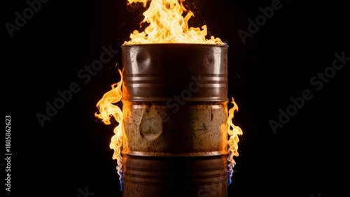 Oil barrel on fire with flames engulfing the metal drum against a dark background, symbolizing energy crisis or industrial accident