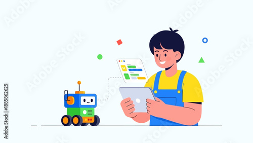 Illustration of a young boy programming a small robot using a tablet device, symbolizing educational technology and STEM learning for children
